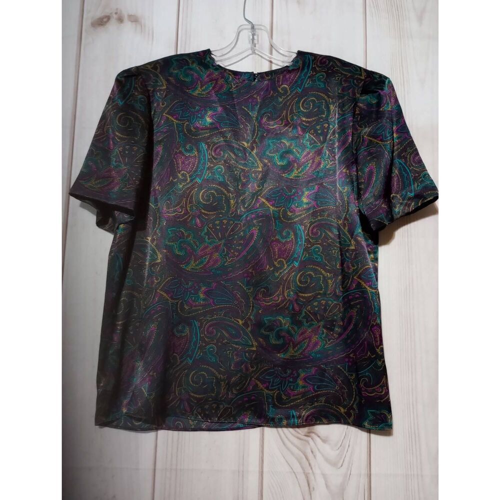 Stirling Cooper Vintage Paisley Blouse Purple Teal Gold Short Sleeve Top‎ Size 8